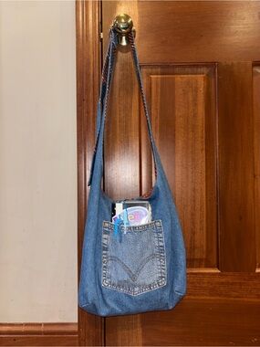 Reversible Handmade Denim & Plaid Crossbody Tote Bag travel reading